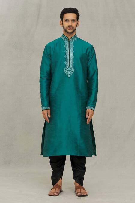 Arihant Rai Sinha_Green Silk Embroidery Paisley Placket Kurta And Dhoti Pant Set_at_Aza_Fashions