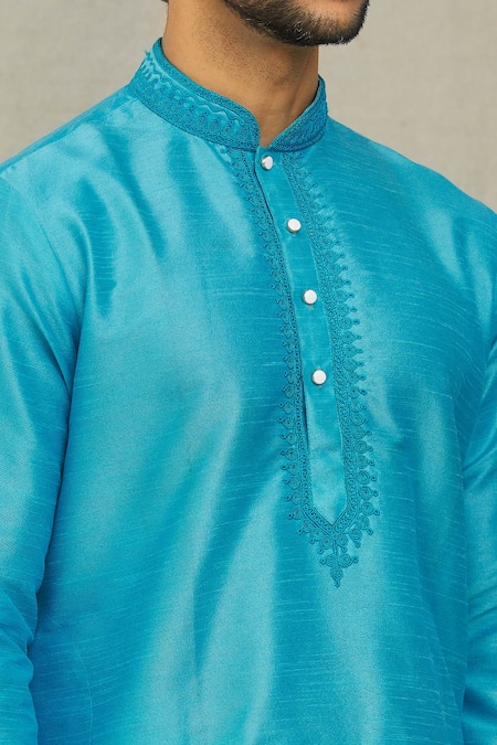 Arihant Rai Sinha_Blue Silk Embroidery Kurta And Dhoti Pant Set_at_Aza_Fashions