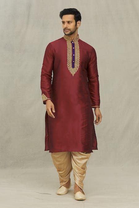 Arihant Rai Sinha Maroon Kurta Art Silk Embroidered Dori Work Vintage Yoke Set 