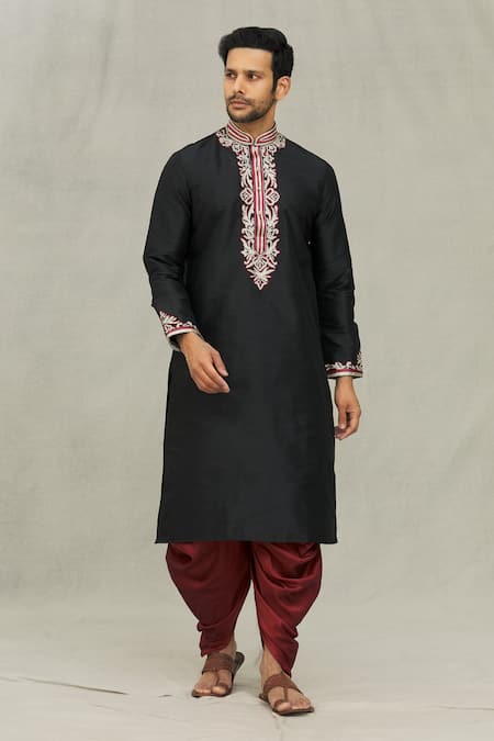 Arihant Rai Sinha Black Kurta Art Silk Embroidered Thread Work Vintage Set 