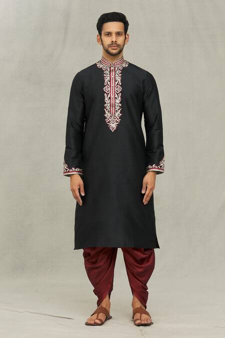 Buy_Arihant Rai Sinha_Black Silk Embroidery Vintage Thread Kurta Set _Online_at_Aza_Fashions