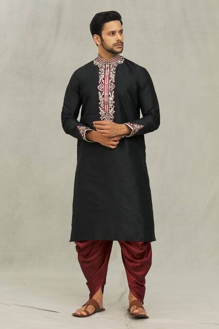 Shop_Arihant Rai Sinha_Black Silk Embroidery Vintage Thread Kurta Set _Online_at_Aza_Fashions