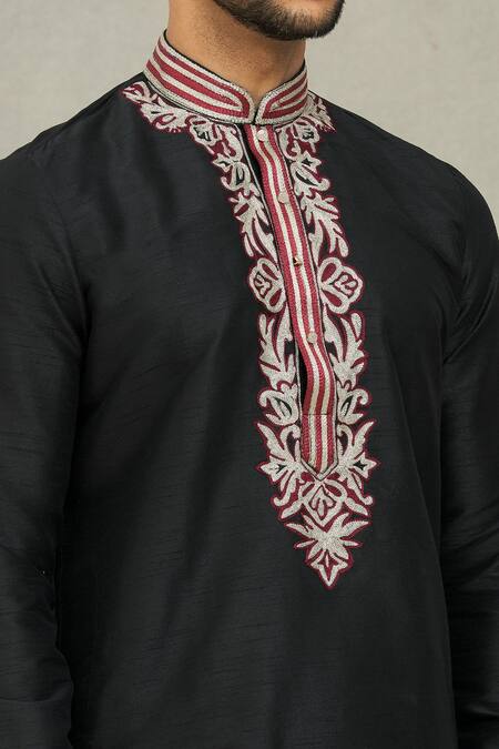 Arihant Rai Sinha_Black Silk Embroidery Vintage Thread Kurta Set _at_Aza_Fashions
