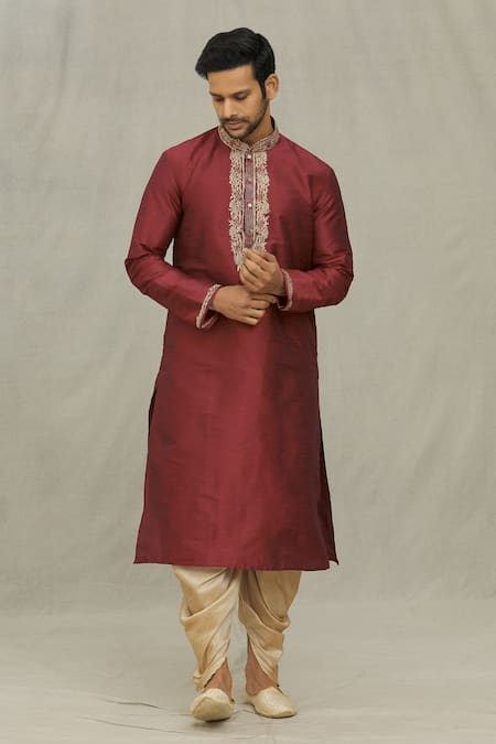 Arihant Rai Sinha Maroon Kurta Art Silk Embroidered Dori And Thread Work Floral Set 