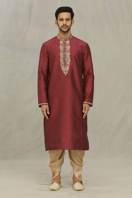 Arihant Rai Sinha Maroon Silk Embroidery Floral Thread Work Kurta Set Online at Aza Fashions Arihant Rai Sinha_Maroon Silk Embroidery Floral Thread Work Kurta Set _Online_at_Aza_Fashions