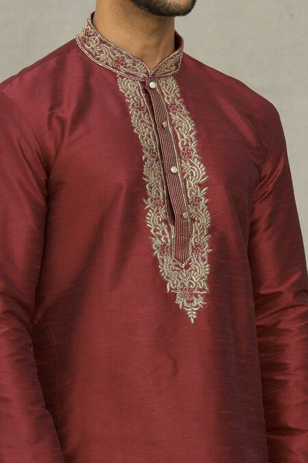 Shop Arihant Rai Sinha Maroon Silk Embroidery Floral Thread Work Kurta Set Online at Aza Fashions Shop_Arihant Rai Sinha_Maroon Silk Embroidery Floral Thread Work Kurta Set _Online_at_Aza_Fashions