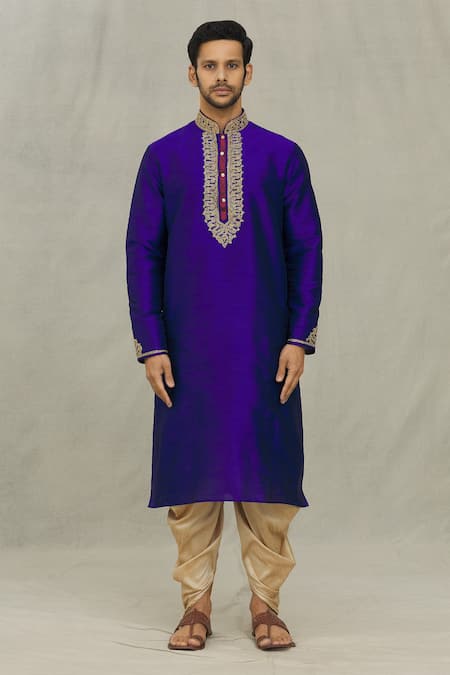 Arihant Rai Sinha_Blue Silk Embroidery Dori Work Yoke Kurta Set_Online_at_Aza_Fashions