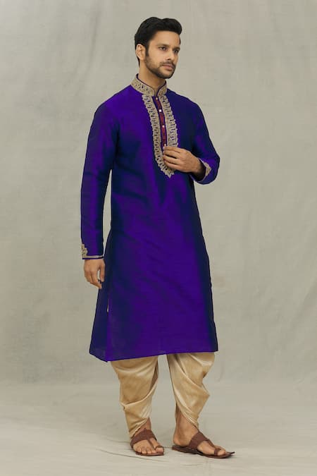 Buy_Arihant Rai Sinha_Blue Silk Embroidery Dori Work Yoke Kurta Set_Online_at_Aza_Fashions