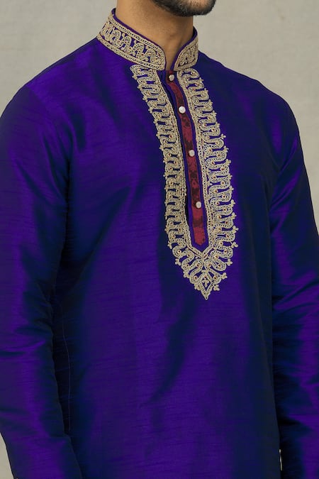Shop_Arihant Rai Sinha_Blue Silk Embroidery Dori Work Yoke Kurta Set_Online_at_Aza_Fashions