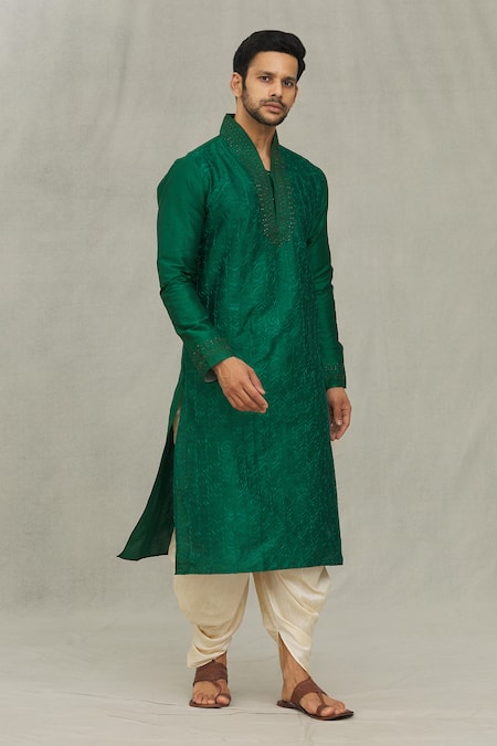 Arihant Rai Sinha Green Silk Embroidery Swirl Thread Kurta Set Online at Aza Fashions Arihant Rai Sinha_Green Silk Embroidery Swirl Thread Kurta Set _Online_at_Aza_Fashions