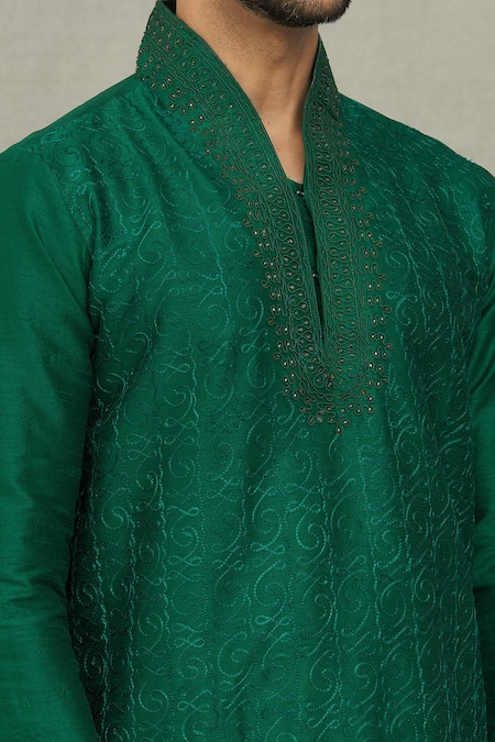 Buy Arihant Rai Sinha Green Silk Embroidery Swirl Thread Kurta Set Online at Aza Fashions Buy_Arihant Rai Sinha_Green Silk Embroidery Swirl Thread Kurta Set _Online_at_Aza_Fashions