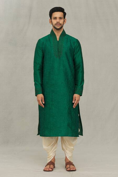 Arihant Rai Sinha Green Silk Embroidery Swirl Thread Kurta Set at Aza Fashions Arihant Rai Sinha_Green Silk Embroidery Swirl Thread Kurta Set _at_Aza_Fashions