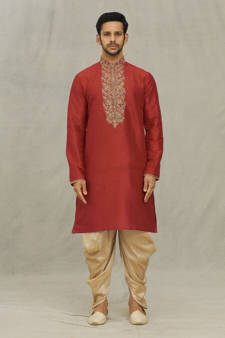 Arihant Rai Sinha_Maroon Silk, Cotton Embroidery Floral Straight Kurta Set _Online_at_Aza_Fashions