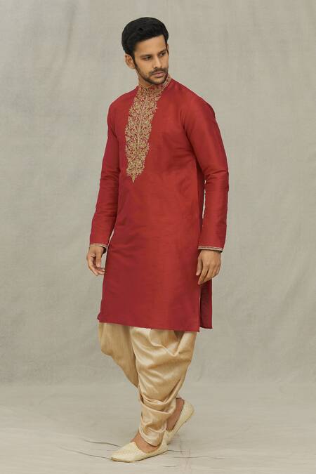 Buy_Arihant Rai Sinha_Maroon Silk, Cotton Embroidery Floral Straight Kurta Set _Online_at_Aza_Fashions