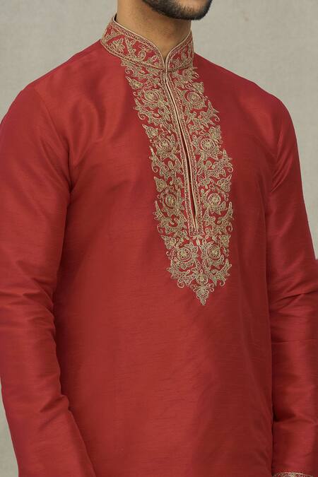 Shop_Arihant Rai Sinha_Maroon Silk, Cotton Embroidery Floral Straight Kurta Set _Online_at_Aza_Fashions
