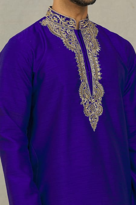 Shop Arihant Rai Sinha Blue Silk, Cotton Beads, Embroidery And Thread Kurta Set Online at Aza Fashions Shop_Arihant Rai Sinha_Blue Silk, Cotton Beads, Embroidery And Thread Kurta Set _Online_at_Aza_Fashions