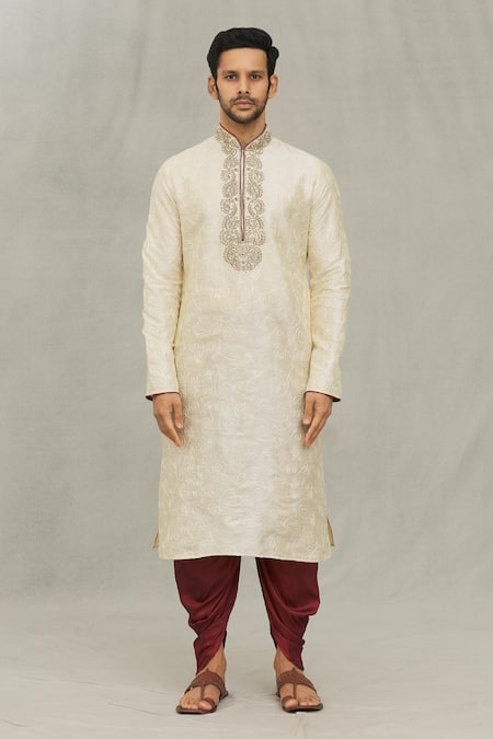 Arihant Rai Sinha_Beige Silk Diamonds Swirl Thread Work Kurta Set_Online_at_Aza_Fashions