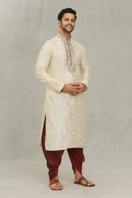 Buy_Arihant Rai Sinha_Beige Silk Diamonds Swirl Thread Work Kurta Set_Online_at_Aza_Fashions