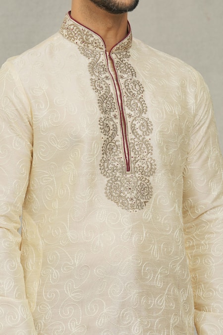 Shop_Arihant Rai Sinha_Beige Silk Diamonds Swirl Thread Work Kurta Set_Online_at_Aza_Fashions
