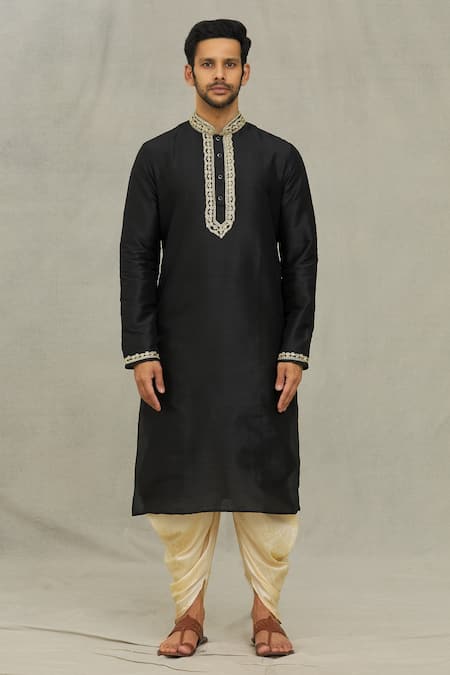 Arihant Rai Sinha_Black Silk Embroidery Swirl Pattern Kurta Set _Online_at_Aza_Fashions