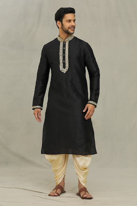Buy_Arihant Rai Sinha_Black Silk Embroidery Swirl Pattern Kurta Set _Online_at_Aza_Fashions