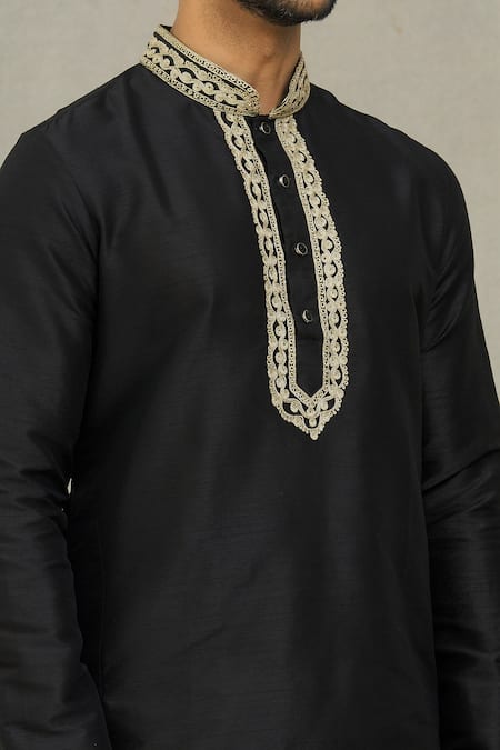 Shop_Arihant Rai Sinha_Black Silk Embroidery Swirl Pattern Kurta Set _Online_at_Aza_Fashions