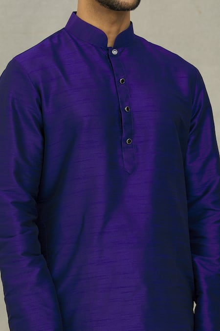 Shop Arihant Rai Sinha Blue Silk Embroidery Plain Mandarin Collar Kurta Set Online at Aza Fashions Shop_Arihant Rai Sinha_Blue Silk Embroidery Plain Mandarin Collar Kurta Set_Online_at_Aza_Fashions