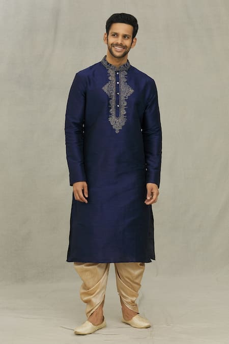 Arihant Rai Sinha Blue Silk Embroidery Floral Thread Yoke Kurta Set
