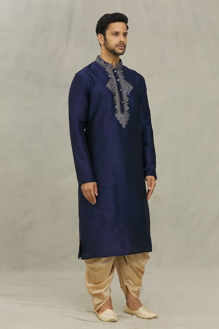 Arihant Rai Sinha_Blue Silk Embroidery Floral Thread Yoke Kurta Set_Online_at_Aza_Fashions