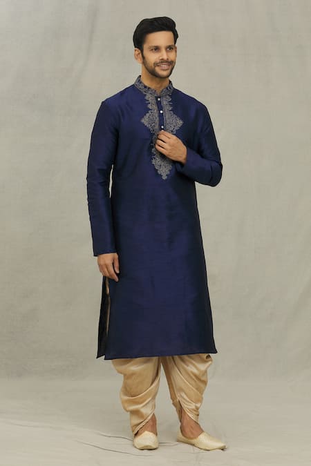 Buy_Arihant Rai Sinha_Blue Silk Embroidery Floral Thread Yoke Kurta Set_Online_at_Aza_Fashions