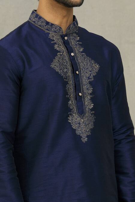 Shop_Arihant Rai Sinha_Blue Silk Embroidery Floral Thread Yoke Kurta Set_Online_at_Aza_Fashions