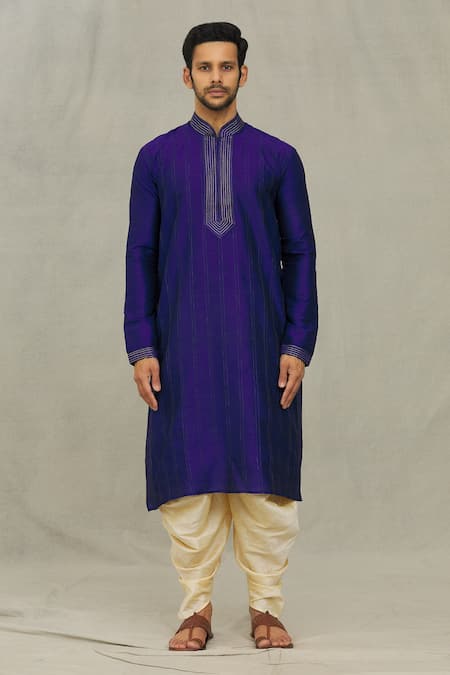 Arihant Rai Sinha_Blue Silk Embroidery Striped Thread Kurta Set_Online_at_Aza_Fashions