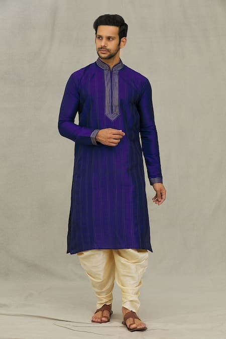 Buy_Arihant Rai Sinha_Blue Silk Embroidery Striped Thread Kurta Set_Online_at_Aza_Fashions