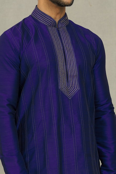 Shop_Arihant Rai Sinha_Blue Silk Embroidery Striped Thread Kurta Set_Online_at_Aza_Fashions