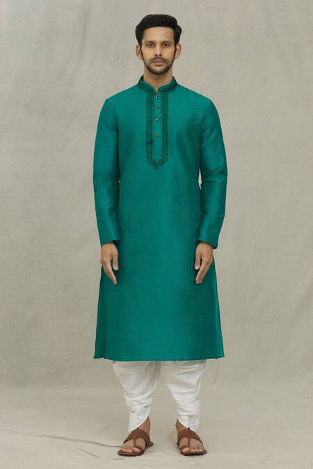 Arihant Rai Sinha_Green Silk Embroidery Leaf Thread Yoke Kurta Set_Online_at_Aza_Fashions
