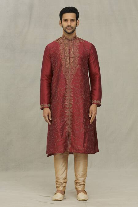 Arihant Rai Sinha_Maroon , Satin Embroidery Vintage Pattern Thread Kurta Set _Online_at_Aza_Fashions