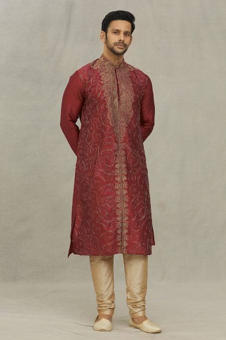 Buy_Arihant Rai Sinha_Maroon , Satin Embroidery Vintage Pattern Thread Kurta Set _Online_at_Aza_Fashions