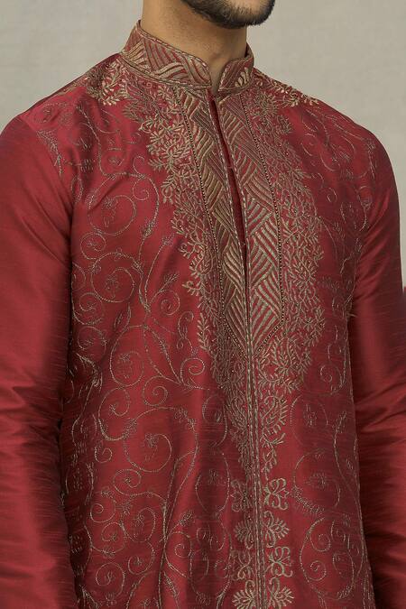 Shop_Arihant Rai Sinha_Maroon , Satin Embroidery Vintage Pattern Thread Kurta Set _Online_at_Aza_Fashions