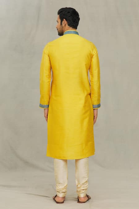 Shop Arihant Rai Sinha Yellow Silk, Denim Embroidery Stripe Pattern Kurta Set at Aza Fashions Shop_Arihant Rai Sinha_Yellow Silk, Denim Embroidery Stripe Pattern Kurta Set _at_Aza_Fashions