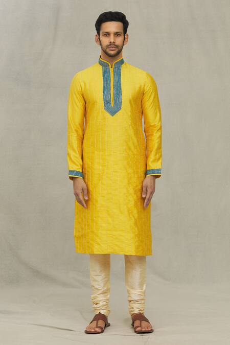 Arihant Rai Sinha Yellow Silk, Denim Embroidery Stripe Pattern Kurta Set Online at Aza Fashions Arihant Rai Sinha_Yellow Silk, Denim Embroidery Stripe Pattern Kurta Set _Online_at_Aza_Fashions