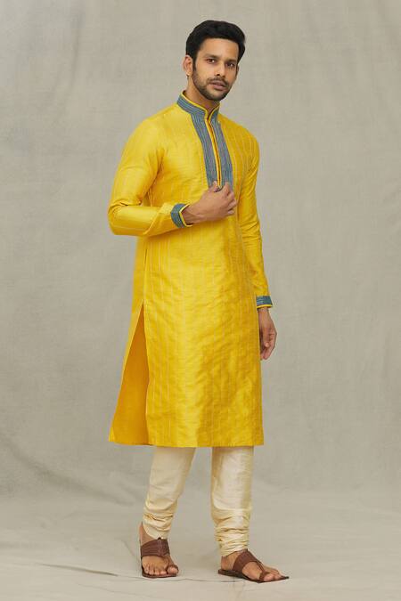 Buy Arihant Rai Sinha Yellow Silk, Denim Embroidery Stripe Pattern Kurta Set Online at Aza Fashions Buy_Arihant Rai Sinha_Yellow Silk, Denim Embroidery Stripe Pattern Kurta Set _Online_at_Aza_Fashions