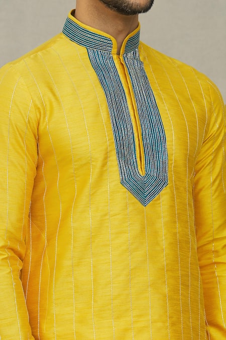 Shop Arihant Rai Sinha Yellow Silk, Denim Embroidery Stripe Pattern Kurta Set Online at Aza Fashions Shop_Arihant Rai Sinha_Yellow Silk, Denim Embroidery Stripe Pattern Kurta Set _Online_at_Aza_Fashions