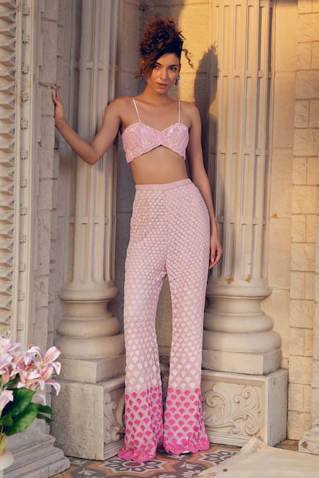 Tabeer India Pink Net Embroidered Cutdana Noodle Strap Bustier Top With Trouser 