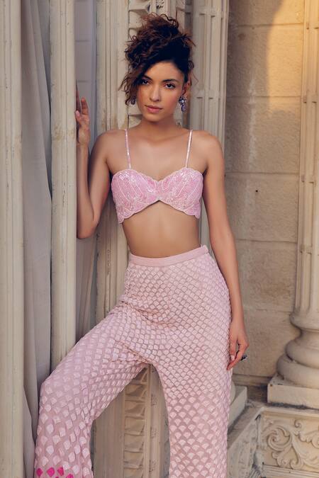 Tabeer India Pink Net Sequins, Embroidery Sweetheart Noodle Strap Bustier Top With Trouser at Aza Fashions Tabeer India_Pink Net Sequins, Embroidery Sweetheart Noodle Strap Bustier Top With Trouser _at_Aza_Fashions