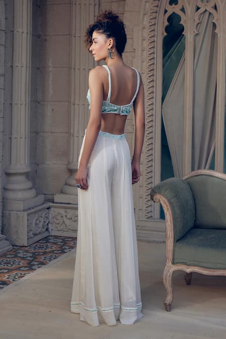 Shop Tabeer India Blue Georgette Cut Work, Sequins, Beads 3d Embroidered Bustier Top With Pant at Aza Fashions Shop_Tabeer India_Blue Georgette Cut Work, Sequins, Beads 3d Embroidered Bustier Top With Pant _at_Aza_Fashions