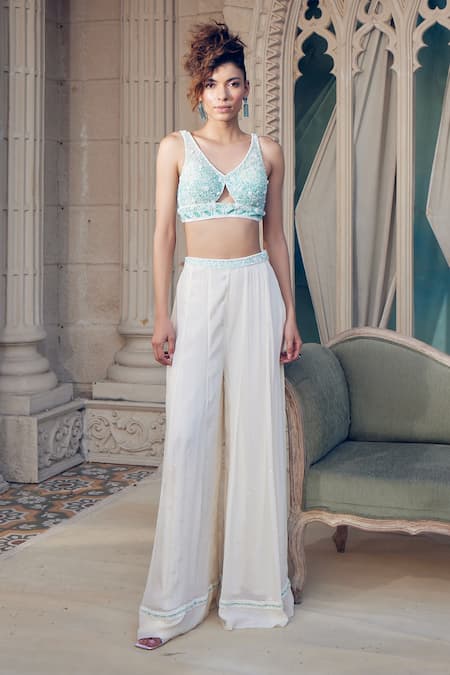 Tabeer India Blue Georgette Cut Work, Sequins, Beads 3d Embroidered Bustier Top With Pant Online at Aza Fashions Tabeer India_Blue Georgette Cut Work, Sequins, Beads 3d Embroidered Bustier Top With Pant _Online_at_Aza_Fashions