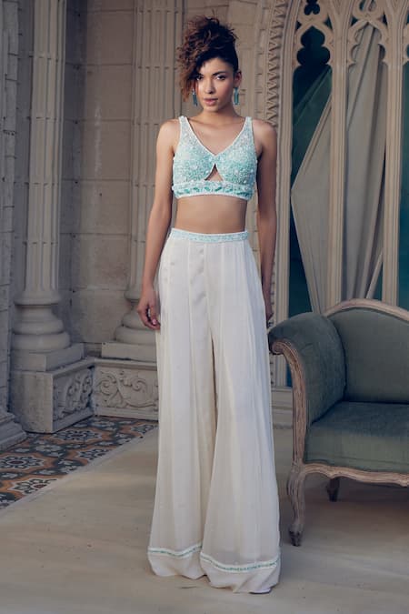 Buy Tabeer India Blue Georgette Cut Work, Sequins, Beads 3d Embroidered Bustier Top With Pant Online at Aza Fashions Buy_Tabeer India_Blue Georgette Cut Work, Sequins, Beads 3d Embroidered Bustier Top With Pant _Online_at_Aza_Fashions