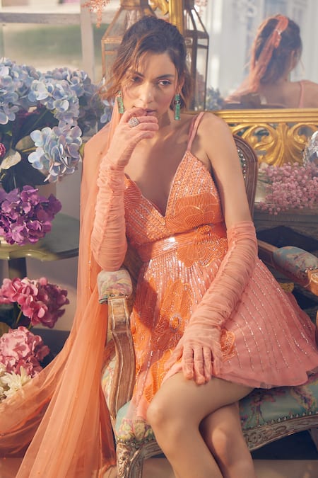 Tabeer India_Orange Chiffon, Net Embroidery Sweetheart Neck Rafflesia Arnoldii Floral Dress _Online_at_Aza_Fashions