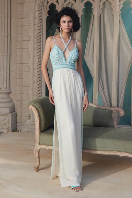 Tabeer India_Blue Net Sequins Crew Neck Embroidered Double Layered Jumpsuit _Online_at_Aza_Fashions