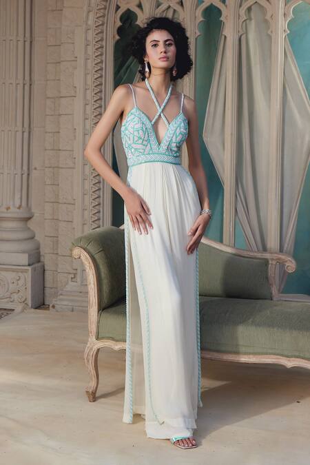 Buy_Tabeer India_Blue Net Sequins Crew Neck Embroidered Double Layered Jumpsuit _Online_at_Aza_Fashions